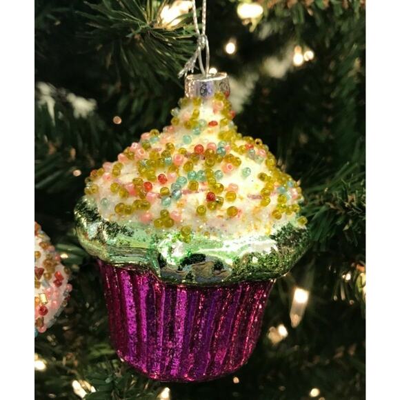 2 Cup Cake Christmas Ornaments-Glass Red Purple Sprinkle Beads Bakery Food - Picture 5 of 7